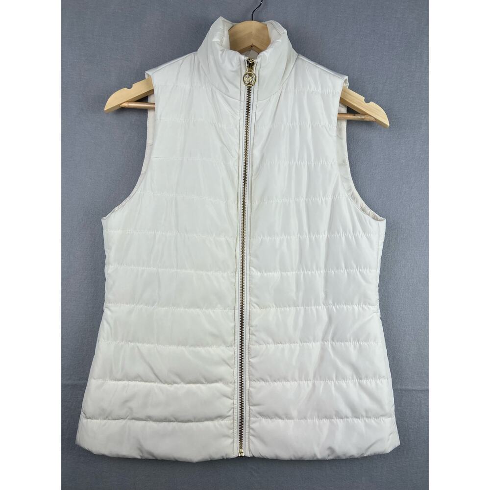 Michael Kors Women XS Bone White Full Zip Winter Jacket Puffer Vest Gold Charm